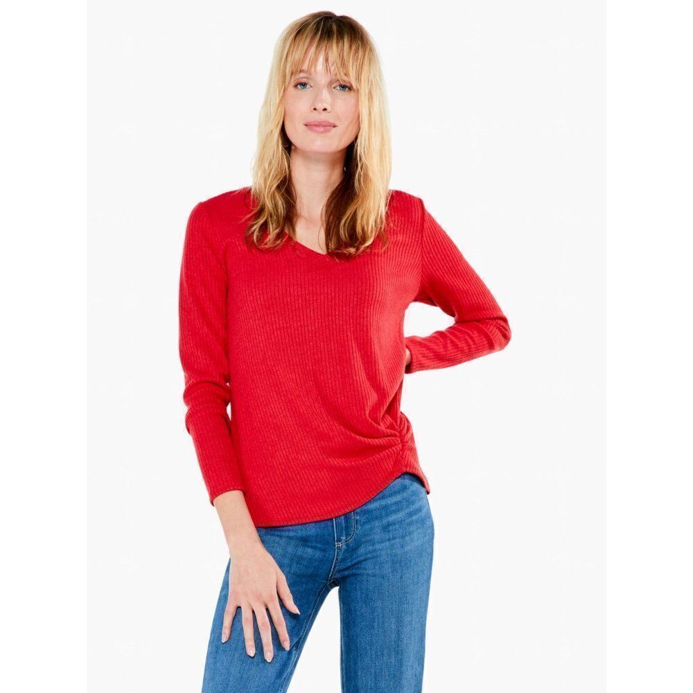 NIC+ZOE Cozy Long Sleeve Rib Knit Twist Top Pop Red Medium - Picture 2 of 12